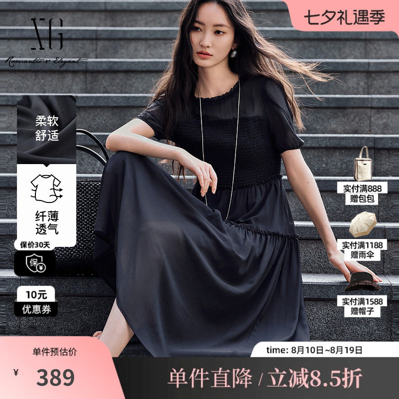 XG/雪歌XL204577A890灰色泡泡袖短袖连衣裙高腰微透薄款A字长裙女