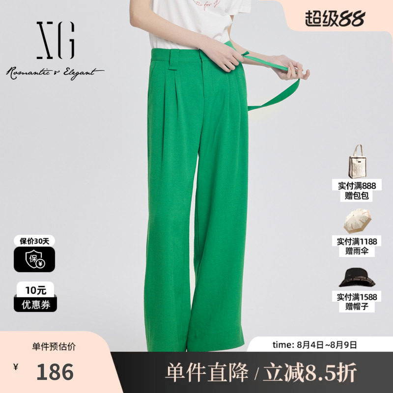 XG雪歌XJ202020A641绿色醋纤休闲裤时尚夏季新款直筒减龄背带裤女