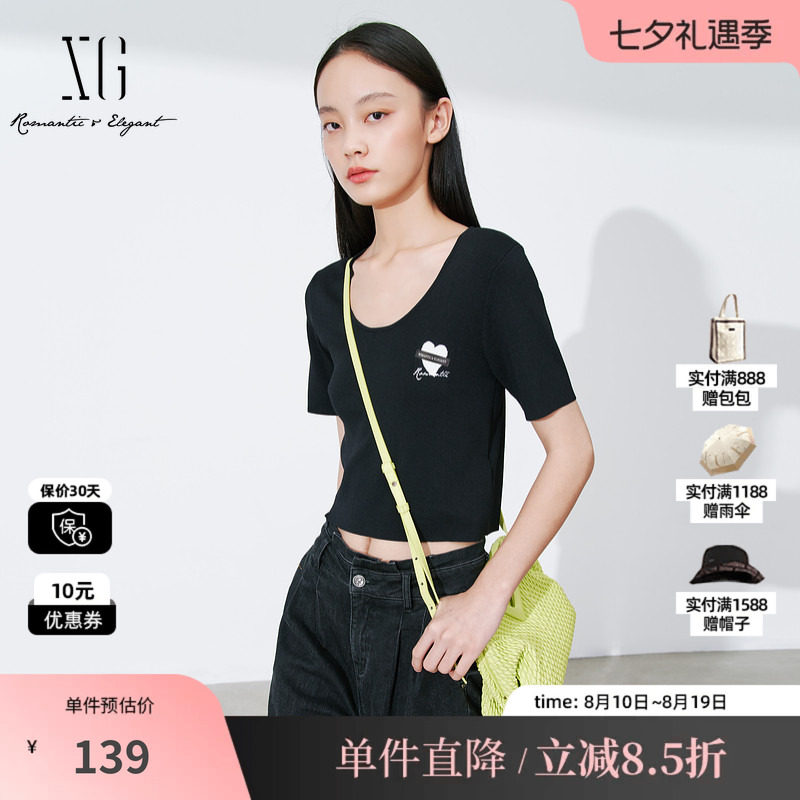 XG雪歌XL111007A490短款黑色毛针织衫2025秋季新款修身套头毛衫女