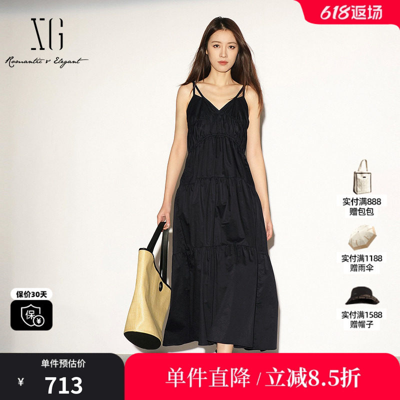 XG/雪歌XL204044A990黑色纯棉吊带连衣裙松紧高腰薄款无袖A字裙女