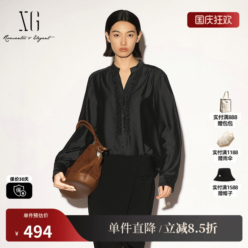 XG/雪歌XL321004A490黑色莫代尔V领立体捏褶长袖衬衫直筒休闲女装