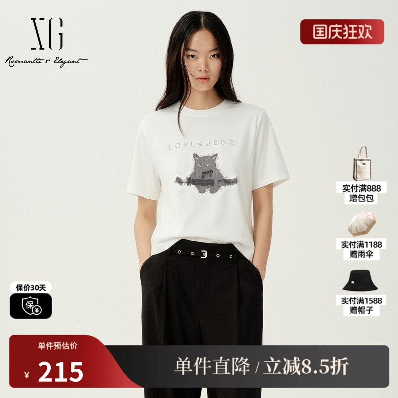 XG/雪歌XM201530A851白色小猫咪短袖T恤基础百搭直筒短款上衣女装