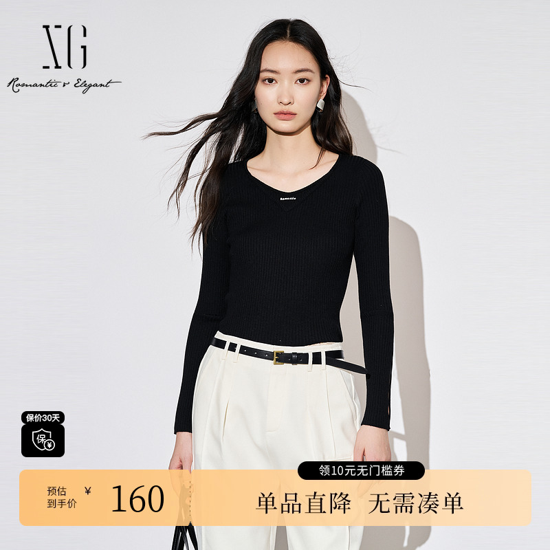 XG雪歌XK311867A890黑色镂空毛针织衫时尚秋季新款修身长袖毛衫女