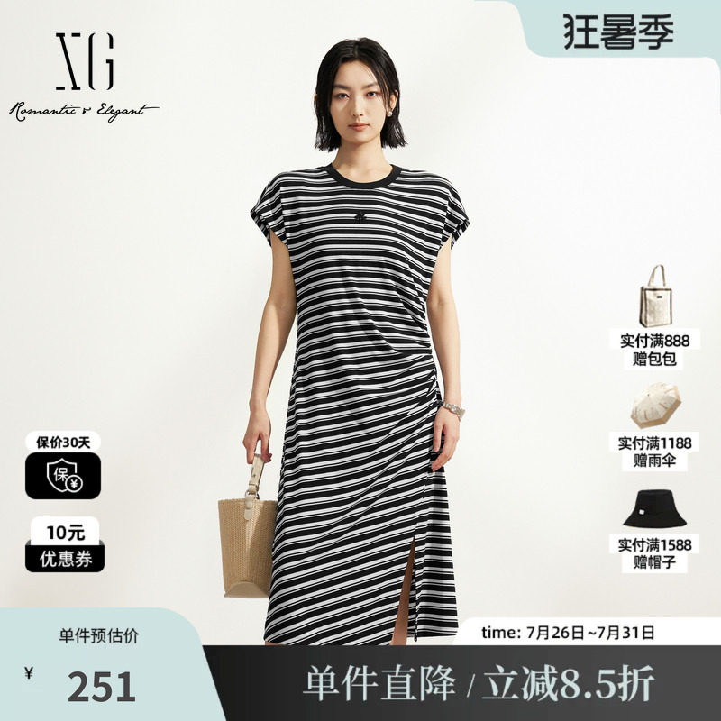 XG/雪歌XM204532B899黑白条纹短袖T恤连衣裙收腰不规则中长裙女装