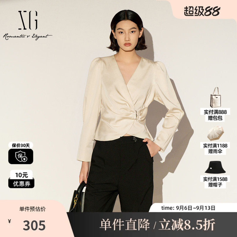 XG/雪歌XL121002A460米色莱赛尔V领长袖衬衫套头收腰淑女短上衣女