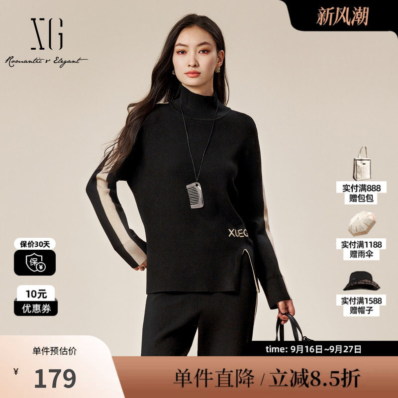 XG/雪歌XK411879A890 开叉设计长袖毛针织衫黑套头中领打底毛衫女