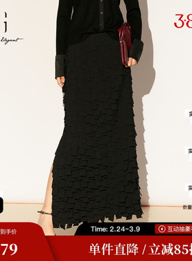 XG雪歌XL103019A190黑色设计感半身裙2026春季新款拼接直筒长裙女