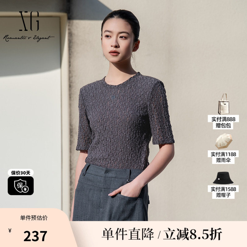 XG/雪歌XL101016A384 镂空短袖T恤圆领中袖套头搭配修身棉感T恤女