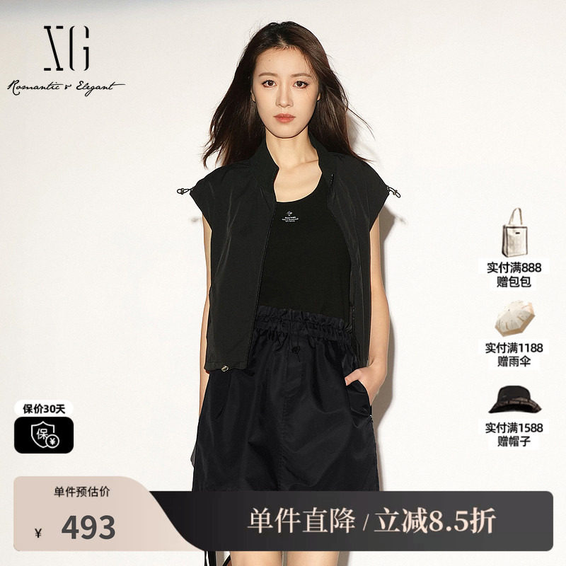 XG/雪歌XL224007A990 黑色直筒工装风口袋马甲薄户外马夹外套女装