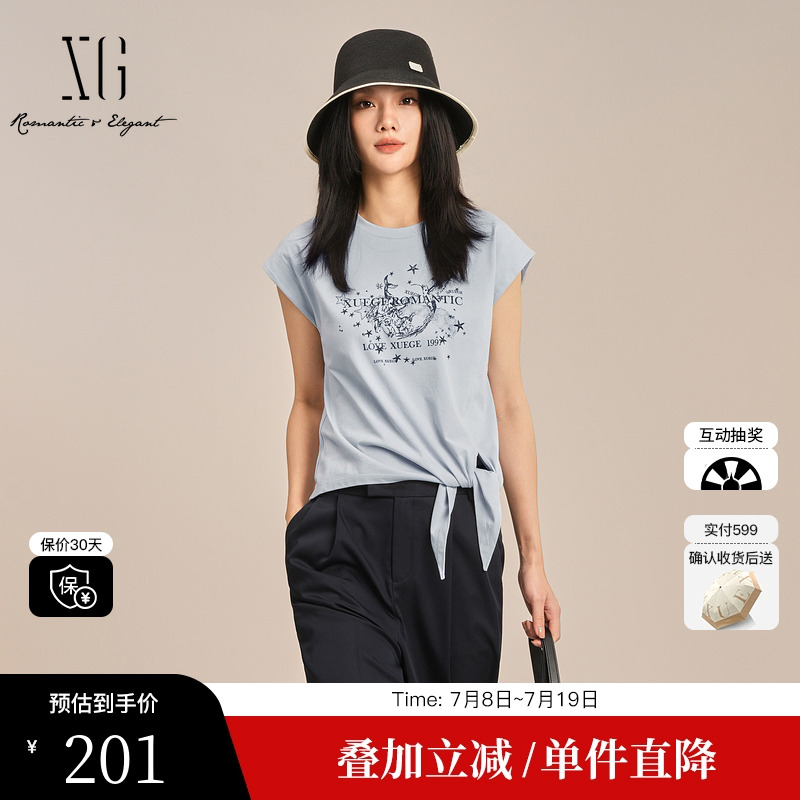 XG/雪歌XK201013A420浅蓝色印花无袖T恤2025夏季新款绑结上衣女装