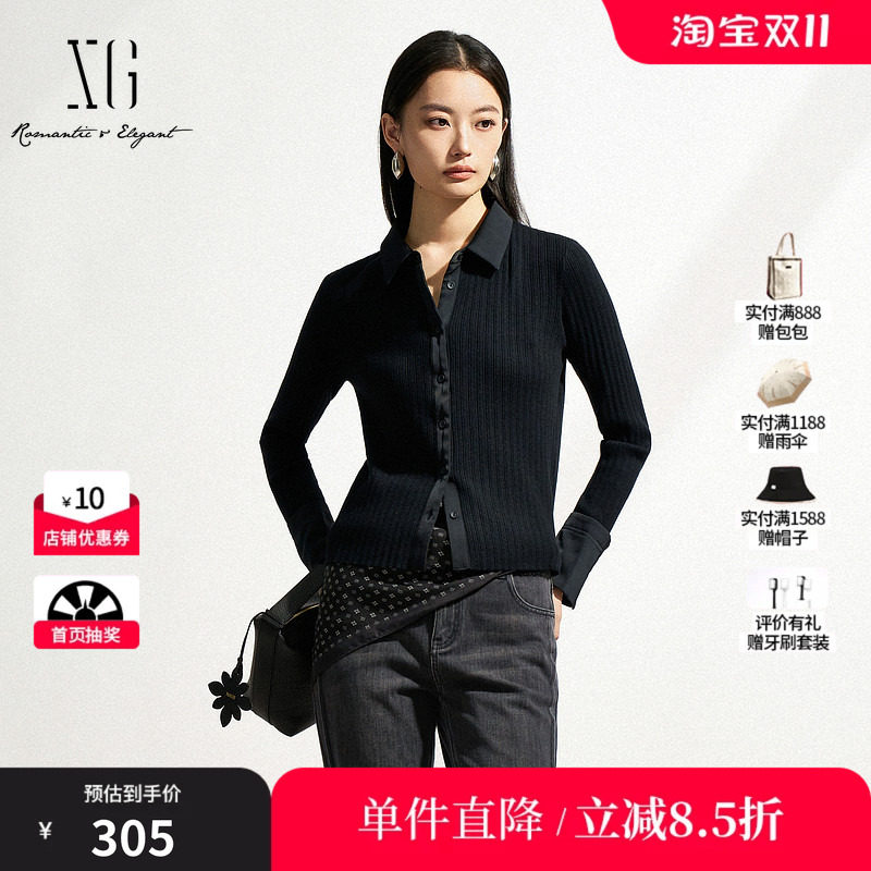 XG/雪歌XL111006A190 修身黑色毛针织衫通勤纽扣毛衣开衫外套女装