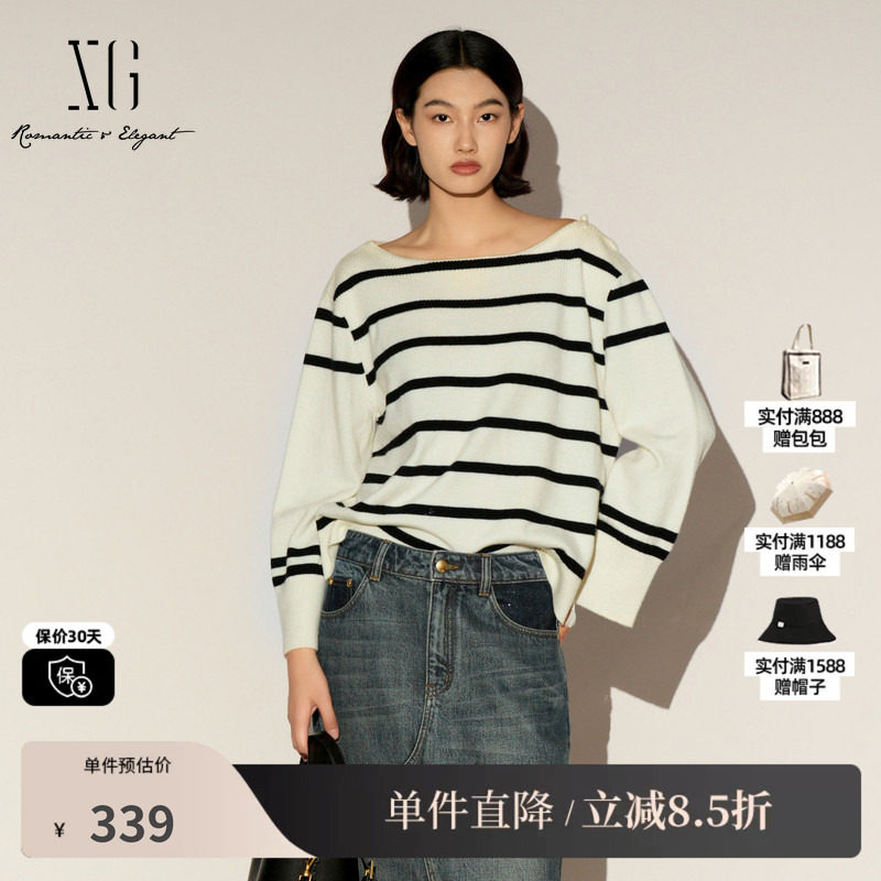 XG/雪歌XL111021B299 圆领羊毛混纺针织衫条纹撞色落肩宽松休闲女