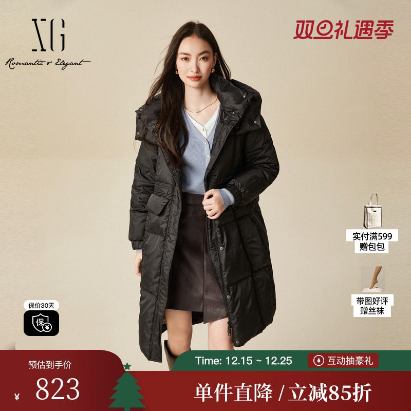 XG雪歌XJ406076A390中长款鹅绒羽绒服时尚冬季新款黑色保暖外套女