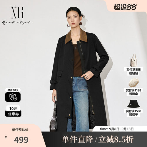 XG雪歌XK308005A690棉感翻领休闲风衣2025秋季新款长款收腰外套女