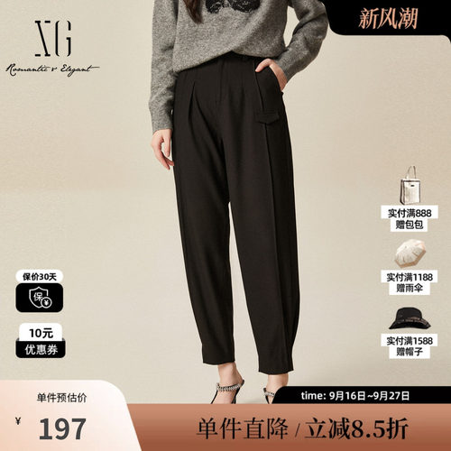 XG/雪歌XJ402041A190黑色休闲裤时尚冬季新款裤子宽松直筒长裤女