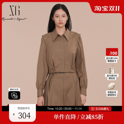 XG/雪歌XK121010A373抽褶长袖翻领衬衫2025春季新款卡其色上衣女