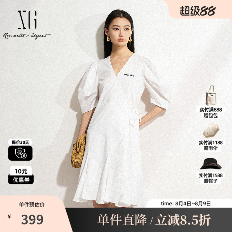 XG/雪歌XK204510A851白色纯棉泡泡袖连衣裙V领鱼尾收腰显瘦套头裙