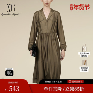 XG/雪歌XK304021A209咖色长袖连衣裙2025秋季新款桑蚕丝中长裙女