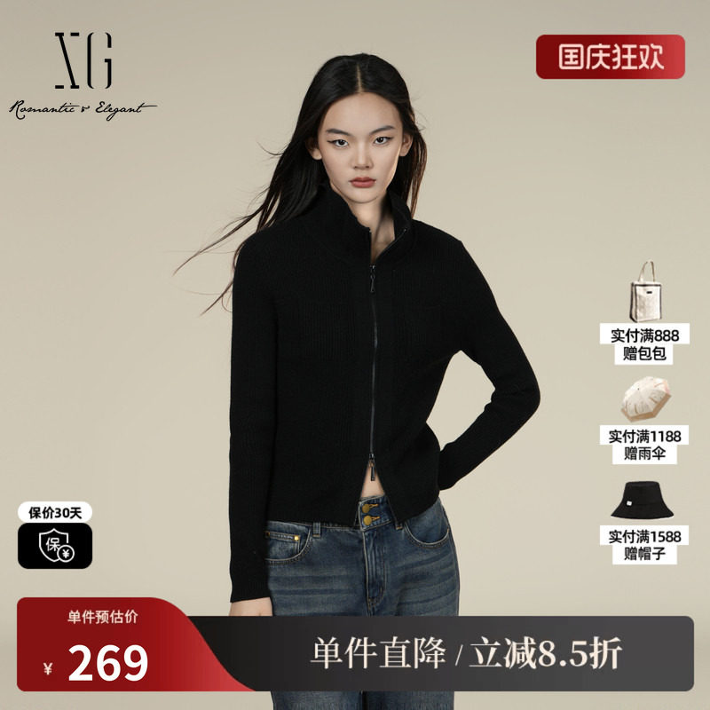 XG/雪歌 XK411024A190黑色羊毛混纺翻领修身针织衫拉链开衫外套女