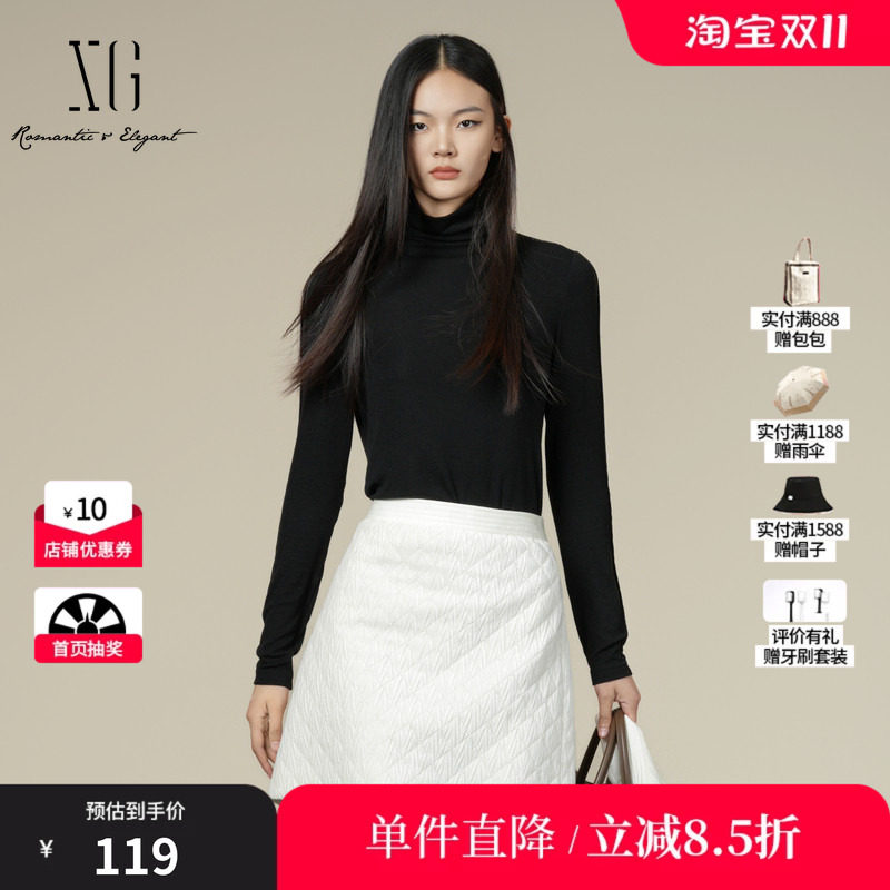 XG/雪歌XK401006A190黑色莱赛尔堆堆领长袖T恤高领打底内搭上衣女