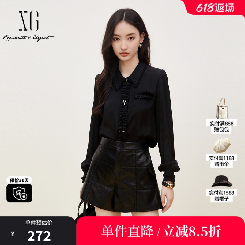 XG/雪歌XJ321029A290黑色街头风衬衫时尚秋季新款通勤长袖上衣女