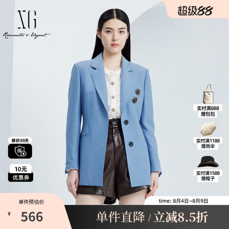 XG/雪歌XJ307010A319 蓝羊毛混纺长袖休闲西装两粒扣通勤外套女装