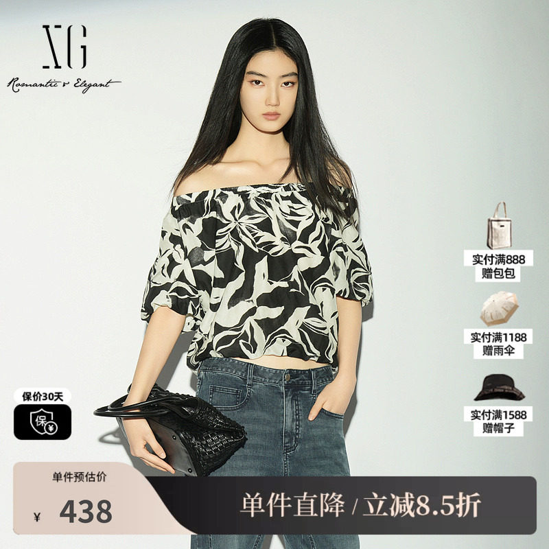 XG/雪歌 XL221041B293黑白花版棉感一字领短袖衬衫松紧度假上衣女