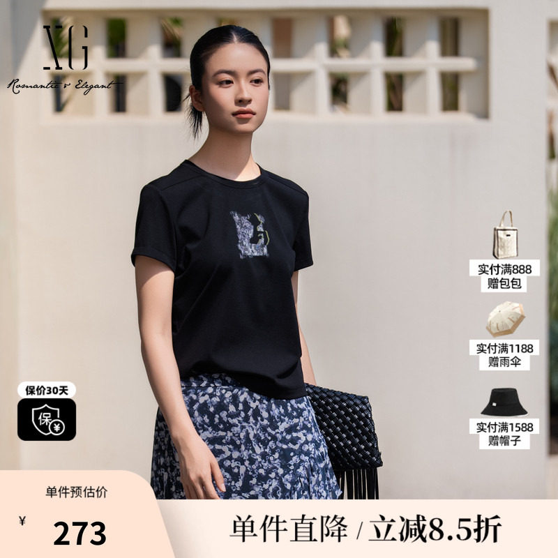 XG/雪歌XL201025A490黑色莱赛尔圆领短袖T恤薄印花正肩休闲上衣女