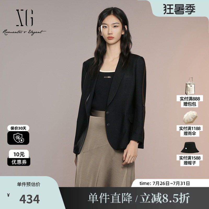 XG/雪歌XK307004A290 黑色醋纤七分袖挽边通勤休闲直筒西装外套女