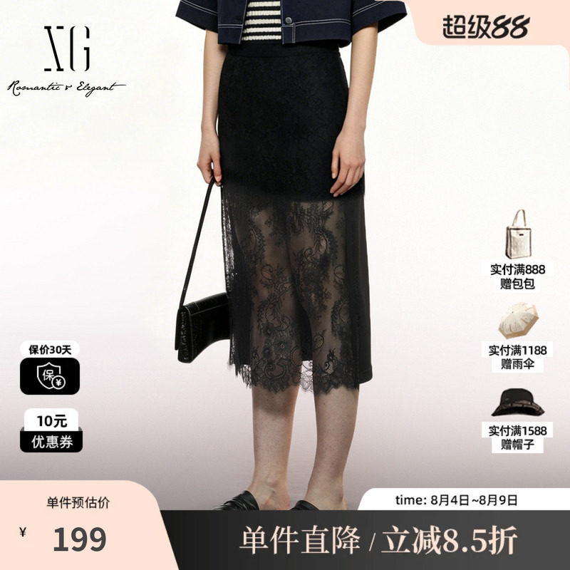 XG/雪歌 XK303705A890黑色直筒蕾丝拼接半身裙通勤包臀中长裙女装