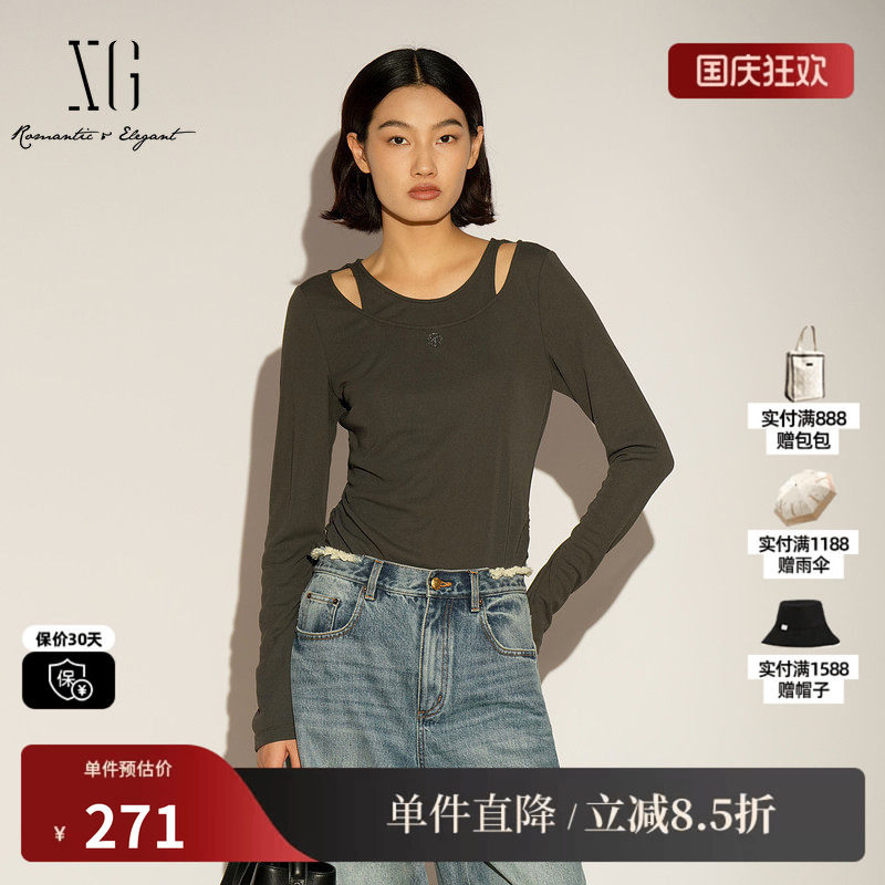 XG/雪歌XL101011A484灰色假两件长袖T恤圆领镂空修身直筒打底女装