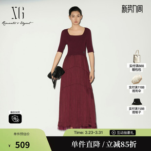 圆领针织长款 拼接连衣裙修身 网纱伞裙女 雪歌XL104004A115短袖