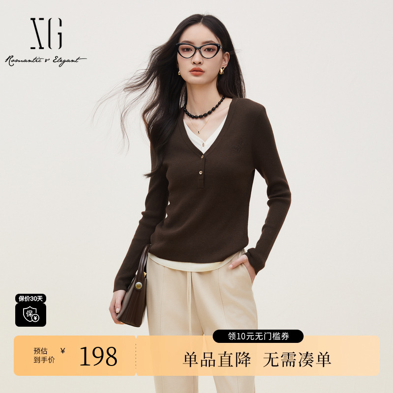 XG/雪歌XJ411067A372假两件毛针织衫时尚冬季新款绵羊毛毛衫女装