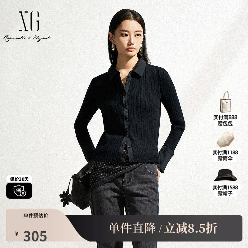 XG/雪歌XL111006A190 修身黑色毛针织衫通勤纽扣毛衣开衫外套女装