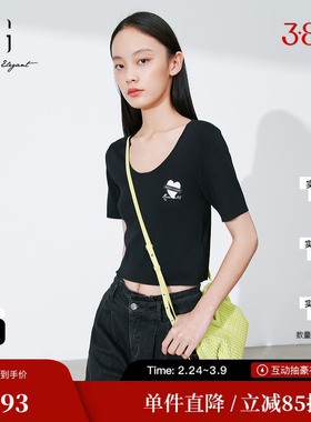 XG雪歌XL111007A490短款黑色毛针织衫2025秋季新款修身套头毛衫女