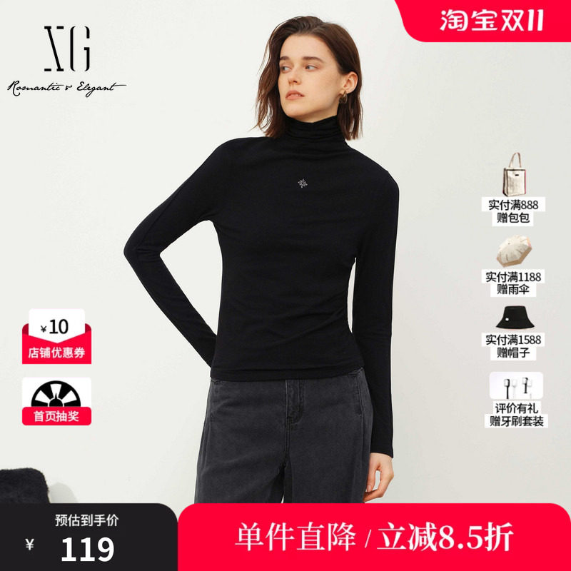 XG/雪歌XL401661A890黑色高领长袖T恤套头修身休闲打底内搭上衣女