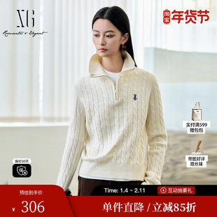 XG雪歌XL411638A891纯绵羊毛长袖毛衣2025冬季新款米白色针织衫女