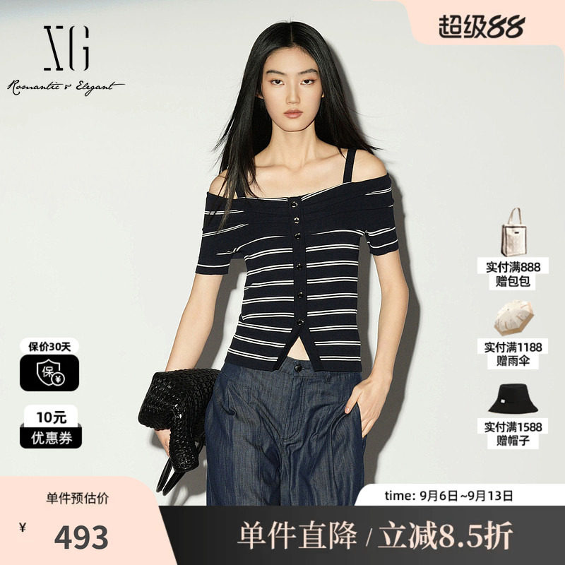 XG/雪歌XL211027B399 条纹棉感短袖一字肩针织衫肩带修身海军风女