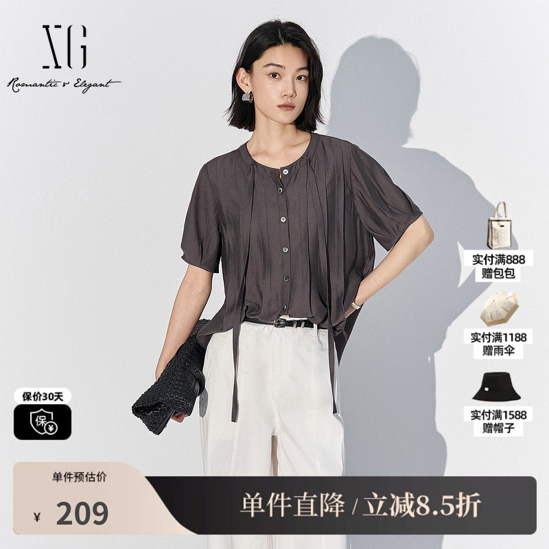 XG雪歌XL221828A883深灰色莫代尔短袖衬衫2025夏季新款薄款上衣女