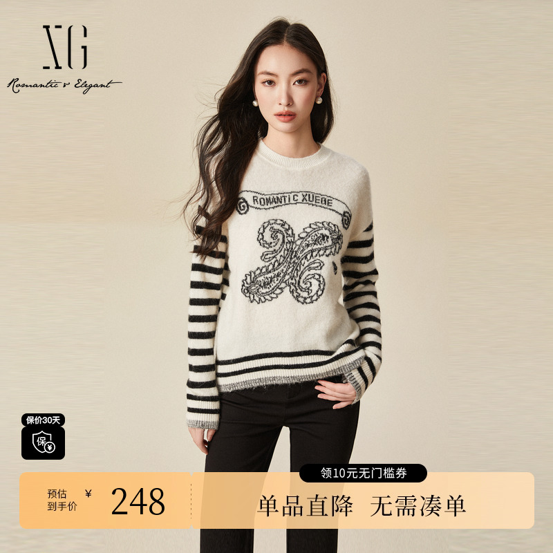 XG/雪歌XJ411072B299绣花长袖毛针织衫时尚冬季新款绵羊毛毛衫女