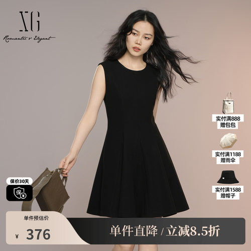 XG/雪歌XK304010A590修身无袖连衣裙2025秋季新款黑色高腰A字裙女
