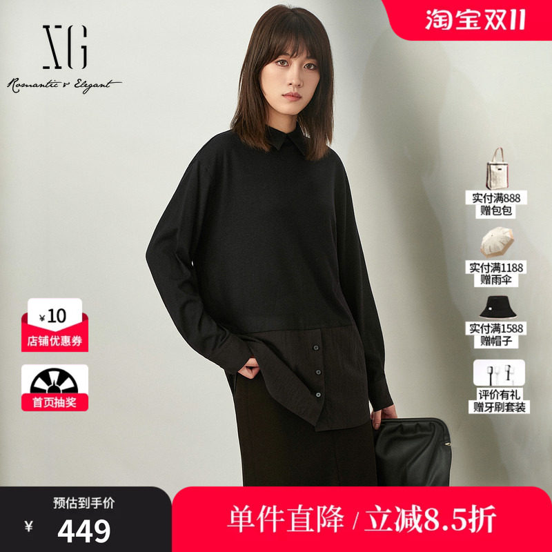 XG/雪歌 XL421019A990黑色假两件拼接衬衫翻领宽松中长上衣衬衣女
