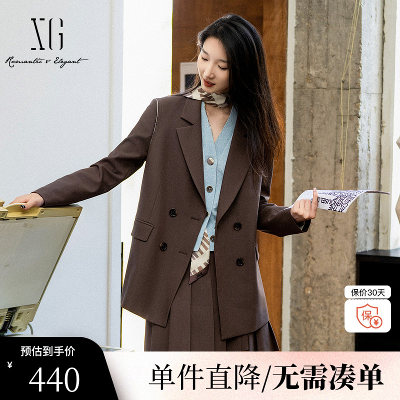 XG雪歌XK307018A572咖啡色休闲西装2025秋季新款中长款长袖外套女