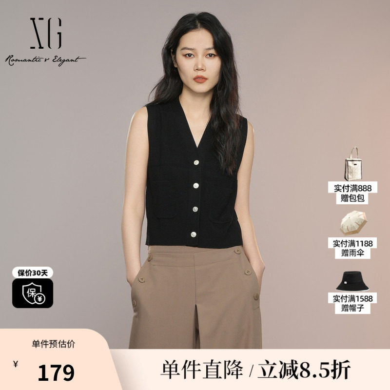 XG/雪歌XK311009A190黑色V领无袖针织马夹背心直筒修身内搭马甲女