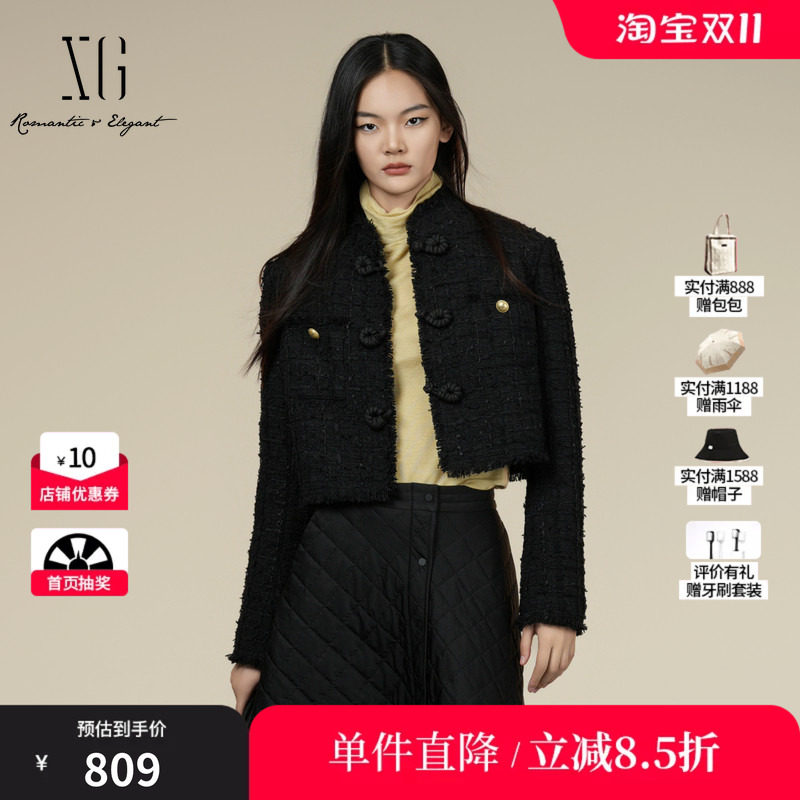 XG雪歌XK407011A390小香风长袖短外套2025冬季新款黑色短款外套女