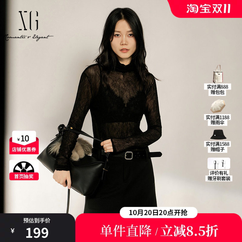 XG/雪歌XL401008A290黑色半高领弹力网纱褶皱长袖T恤打底内搭女装