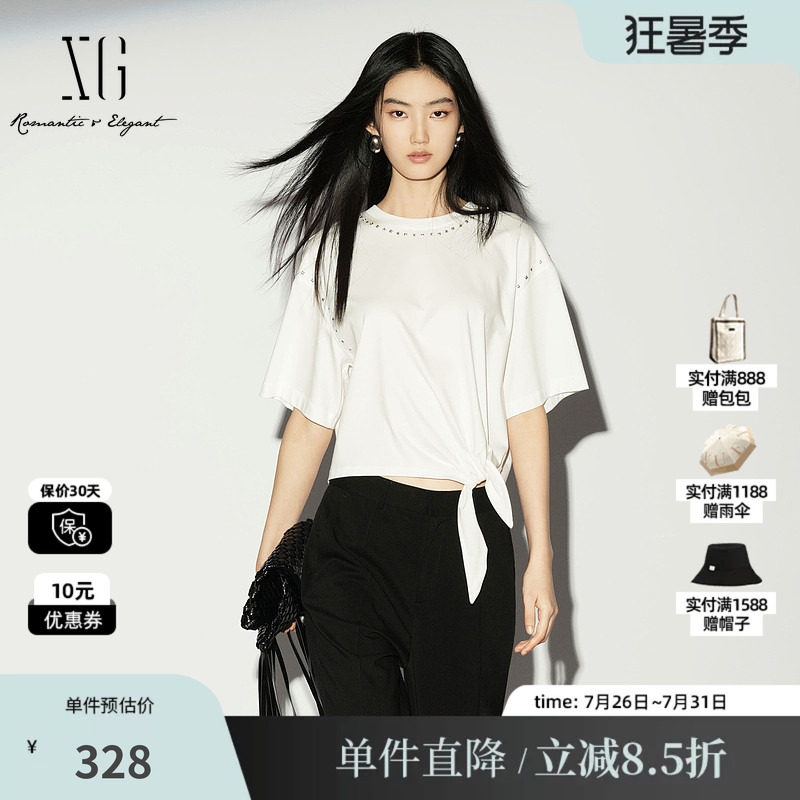 XG/雪歌XL201018A251白色棉感短袖T恤薄款圆领绑带钉珠短上衣女装
