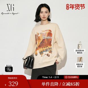 XG/雪歌XK401002B351印花长袖卫衣2025冬季新款宽松套头上衣女装