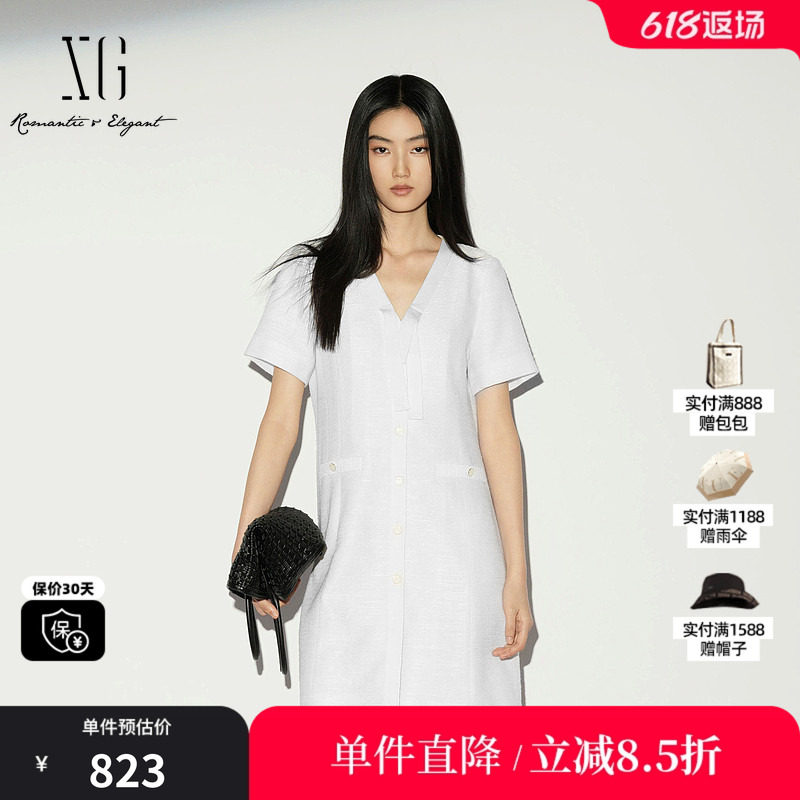 XG/雪歌XL204024A251白色V领飘带短袖连衣裙收腰简约直筒中裙女装