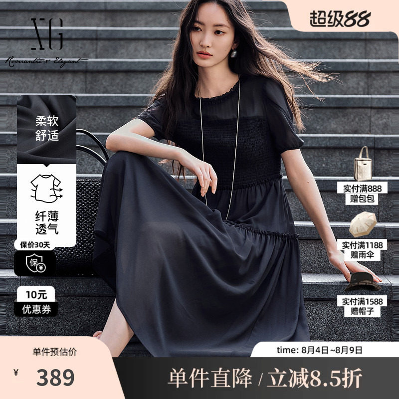 XG/雪歌XL204577A890灰色泡泡袖短袖连衣裙高腰微透薄款A字长裙女